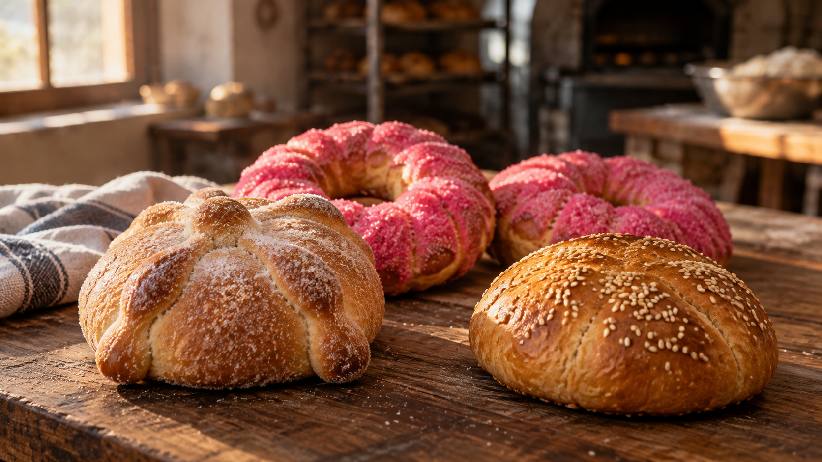 Pan redondo con canillas de masa, roscas azucaradas rosas y pan de yema sobre una mesa; ilustración generada con IA.