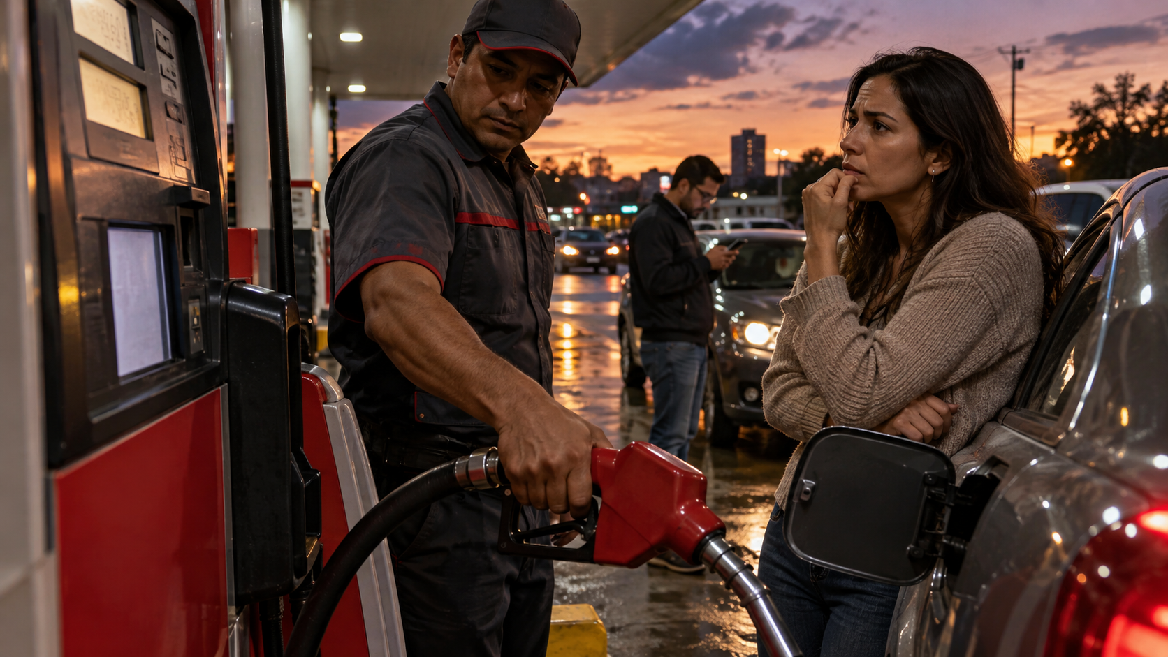 Conductora observa el surtidor mientras carga gasolina Premium en una estación sin marca